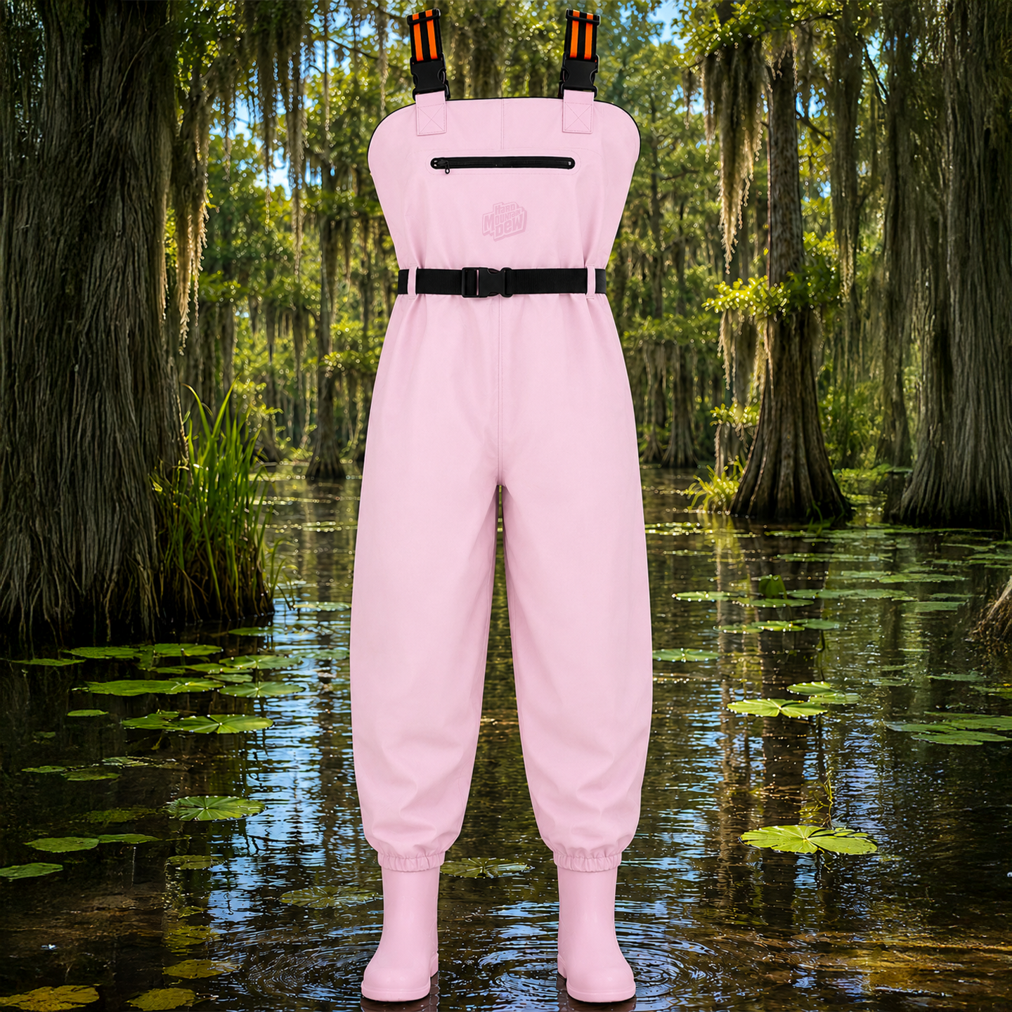 Pink waders with orange straps on a background of a swamp or marshland.