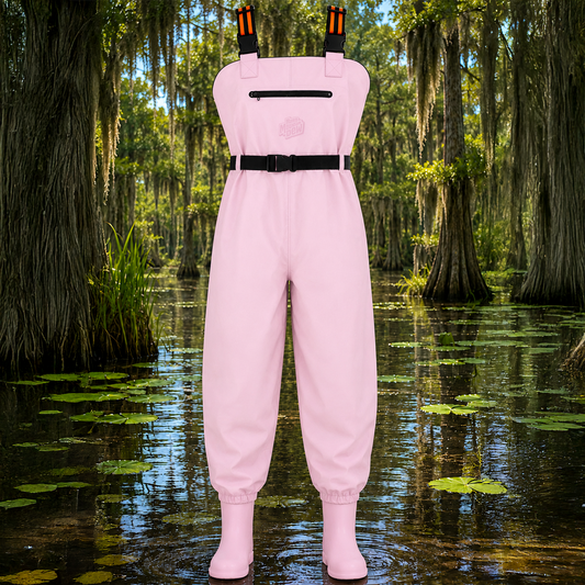 Pink waders with orange straps on a background of a swamp or marshland.